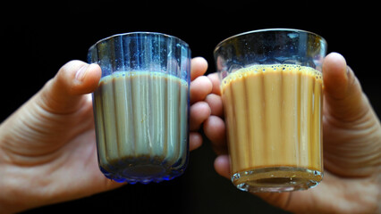 Two Glass of Fresh milk tea or Indian Kadak Chai on hand