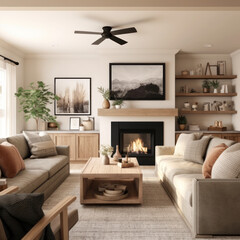 A warm family room with a fireplace sofas
