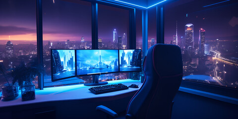 A dark office with two monitors on the desk and a cityscape in the background.. Professional Desk Setup with City Skyline