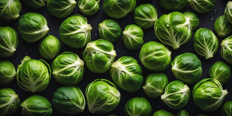 brussels sprouts with water drops on a black background - obrazy, fototapety, plakaty