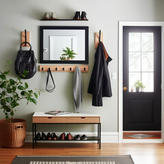 A chic entryway with a shoe rack a coat rack 
