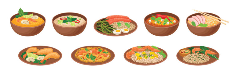 Appetizing Thai Food Served on Plates Vector Set