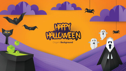 Paper craft style vector design of halloween background. photo realistic illustration.