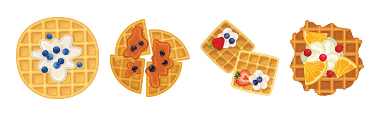 Sweet Waffle Dessert with Cream and Caramel with Berry Vector Set