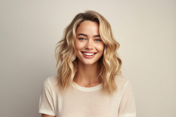 Obraz premium Illustration generative AI collage amazing beauty blonde woman smiling toothy beaming isolated pastel color background