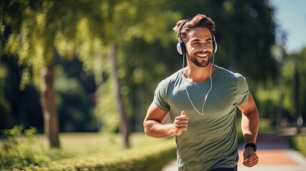 Young bearded man happily runs in the park with headphones on a nice summer day.