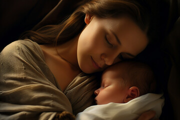 Woman holding newborn charming baby in her arms Created with generative AI