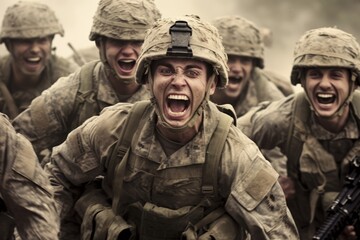 Photo of American soldiers shouting with joy celebrating victory - obrazy, fototapety, plakaty
