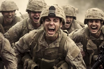 Fotobehang Photo of American soldiers shouting with joy celebrating victory © DendraCreative