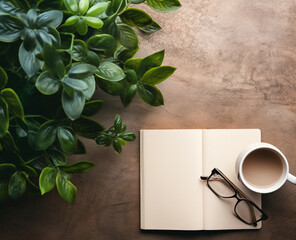 Blank book cover for mock-up with coffee, plant, and reading glasses. Generative Ai