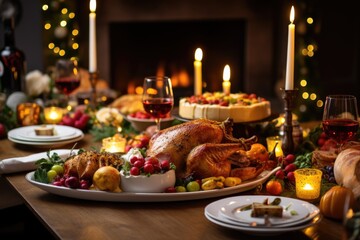 Thanksgiving holiday dinner table decorated with a roasted turkey,ai generated