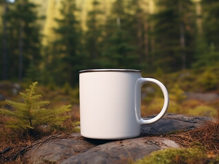 White enamel coffee cup mockup, empty camping mug in wild nature for design presentation. Generative Ai