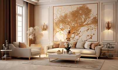 Modern living room featuring mediterranean interior design with stylish sofa, wall, table, and framed artwork