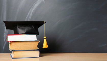 Arrangement of different books on the table with graduation cap on black chalkboard background