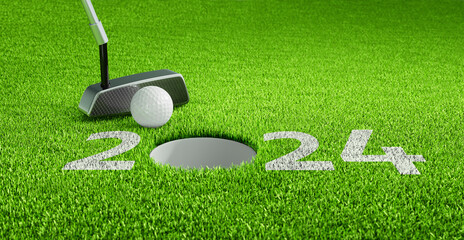 Closeup of golf ball putting and the number 2024 on green grass