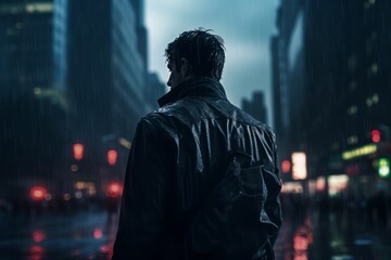 Central hero stands defiantly, cityscape glistening under rain.