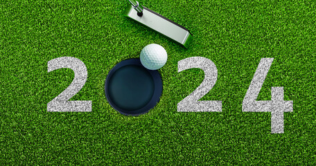 Closeup of golf ball putting and the number 2024 on green grass