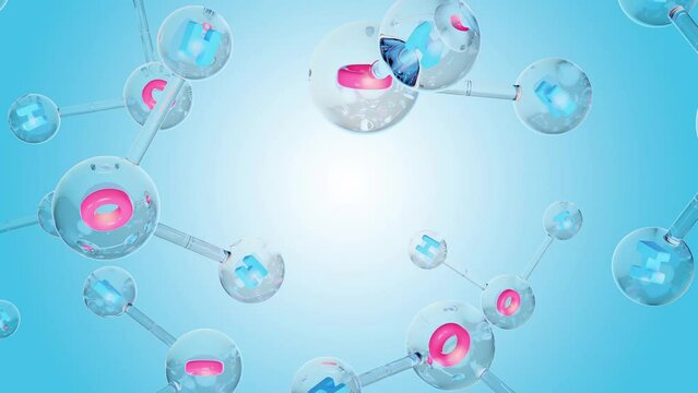 Molecular chemical formula H2O. Water molecules pink blue color. Ball and Stick chemical structure model. Concept science or Cosmetic industry. Animation, 3d Render.
