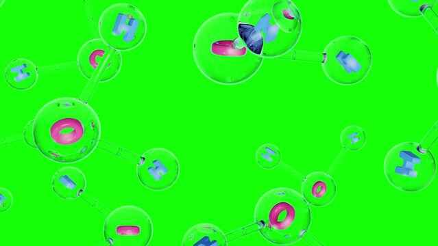 Molecular chemical formula H2O. Water molecules pink blue on green screen. Ball and Stick chemical structure model. Concept science or Cosmetic industry. Animation, 3d Render.