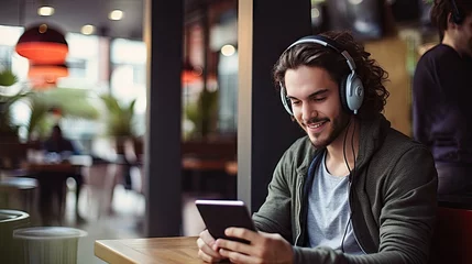 Poster Magasin de musique Smiling young man listening to music through wireless headphones and playing on a tablet. sitting in a coffee shop