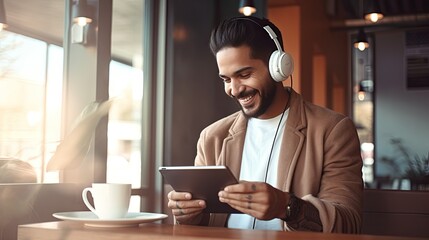 Smiling young man listening to music through wireless headphones and playing on a tablet. sitting in a coffee shop - obrazy, fototapety, plakaty
