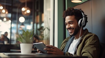 Smiling young man listening to music through wireless headphones and playing on a tablet. sitting...