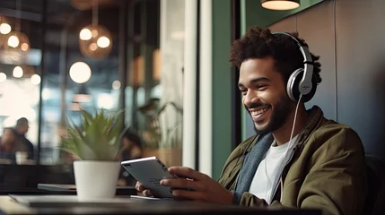 Photo sur Plexiglas Magasin de musique Smiling young man listening to music through wireless headphones and playing on a tablet. sitting in a coffee shop