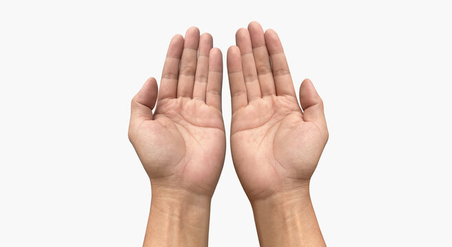 Hand left and right to give or to help something isolated on white background. View from top, clipping path.