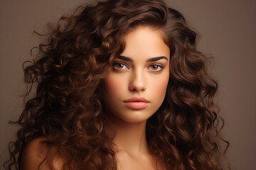 Fototapeta premium Generative AI picture of Young beautiful girl model demonstrating perfect styling curly hair