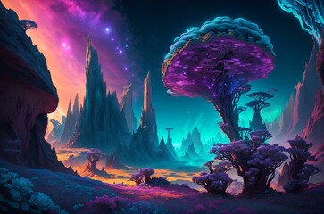 alien landscape with moon and stars