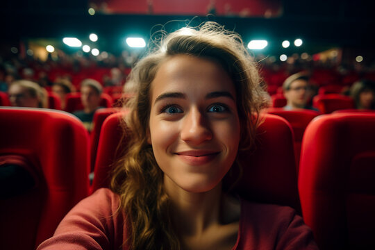 Generative AI picture of young pretty girl making selfies at cinema room seat