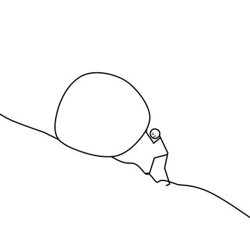 Cartoon stick man drawing conceptual illustration of businessman pushing a big rock up a hill. Difficult business task concept.