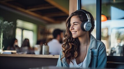 Smiling woman listening to music through wireless headphones and playing on tablet sitting in a coffee shop