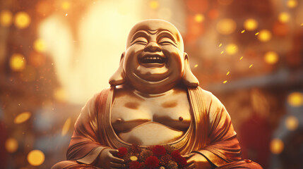 Edited image of laughing buddha idol with abstract - obrazy, fototapety, plakaty