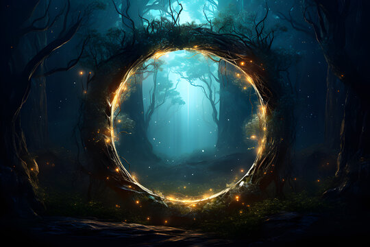 Magical majestic portal in the shape of a circle in Mystical dark forest,Magic lights. Gateway to another realm,Wonders,Hidden secrets, Unknown,Shimmering magic ring,Journey,Vector illustration.