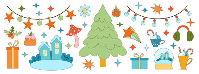 Merry Christmas groovy set. Collection of hippie holiday winter elements in trendy old animation style. Groovy Christmas stickers.