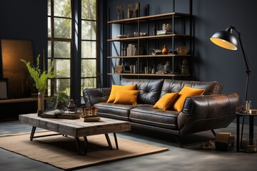 modern loft minimal sofa in loft interior style house ideas design template backdrop showcase living room in dark colortone material scheme