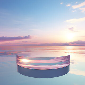 Round crystal glass podium and pedestal stand platform for display product in water sea and sunset sky background, Generative AI