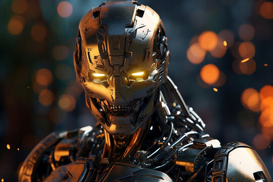 View of the iron robot. Army of the future. 