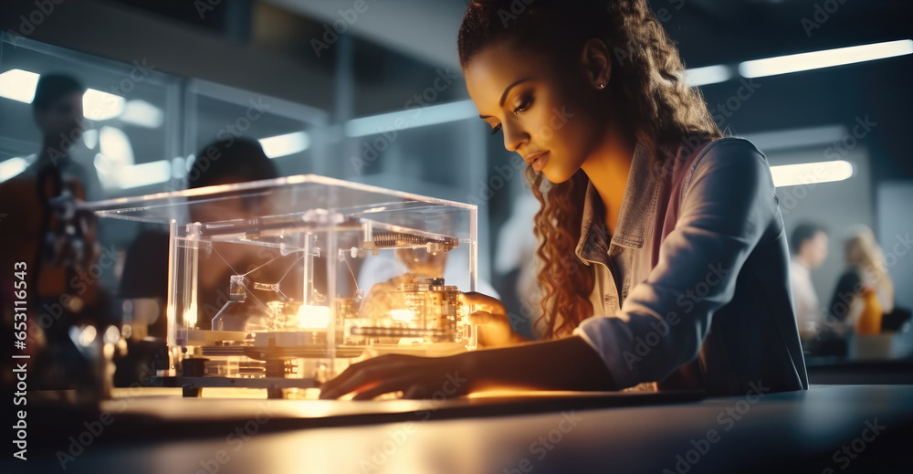 Leinwandbilder engineer woman working with a prototype model on a 3d printer in a laboratory, using equipment techn
