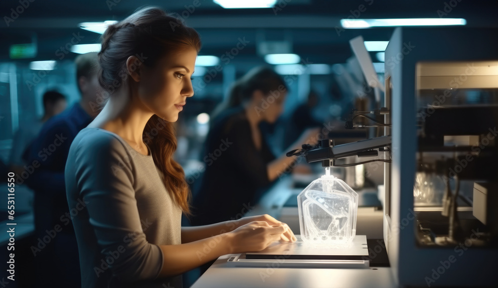 Leinwandbilder engineer woman working with a prototype model on a 3d printer in a laboratory, using equipment techn