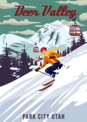 Fototapeten Travel poster Ski Deer Valley resort vintage. USA winter landscape travel card © hadeev
