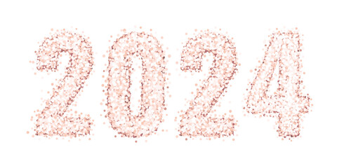 Shiny number 2024 of pink gold glitter or confetti, isolated on a white background. Design for Happy New Year, Merry Christmas, Wedding