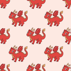 Print in cartoon style with Chinese dragon. Seamless pattern on beige background with fantasy animals. Vector oriental illustration with fairytale character. New year symbol. Asian wallpaper