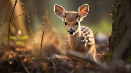 Zelfklevend Fotobehang Cute spotted baby deer in wild © Daniel