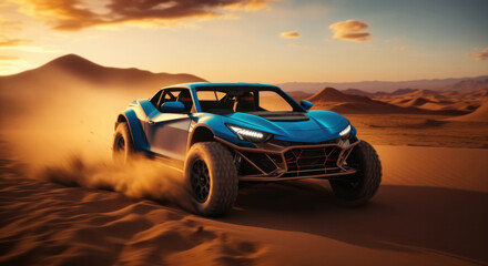 Fototapeta na wymiar Car speeding through the desert at sunset.