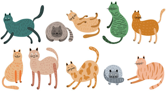 Hand drawn doodle cats isolated on white set. Hand drawn cute illustration for kids collection.