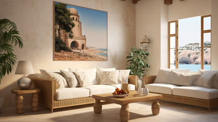 Mediterranean interior design for a modern living room featuring an elegant sofa, framed artwork, a table, and wall