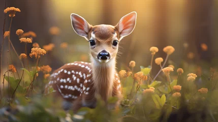 Fototapeten Cute spotted baby deer in wild © Daniel