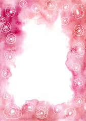 Pink frame with white flowers. Soft watercolor blur. Flowers are drawn with lines, dots and waves. Doodle. White background. Different shades of pink.